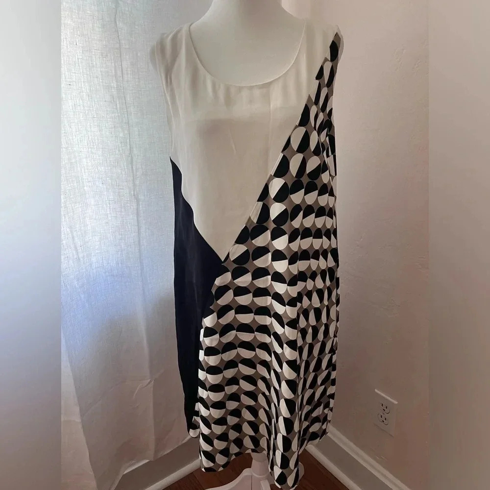 Lafayette Diega Colorblock Shift Dress Black, White, Brown Dots Women Size S